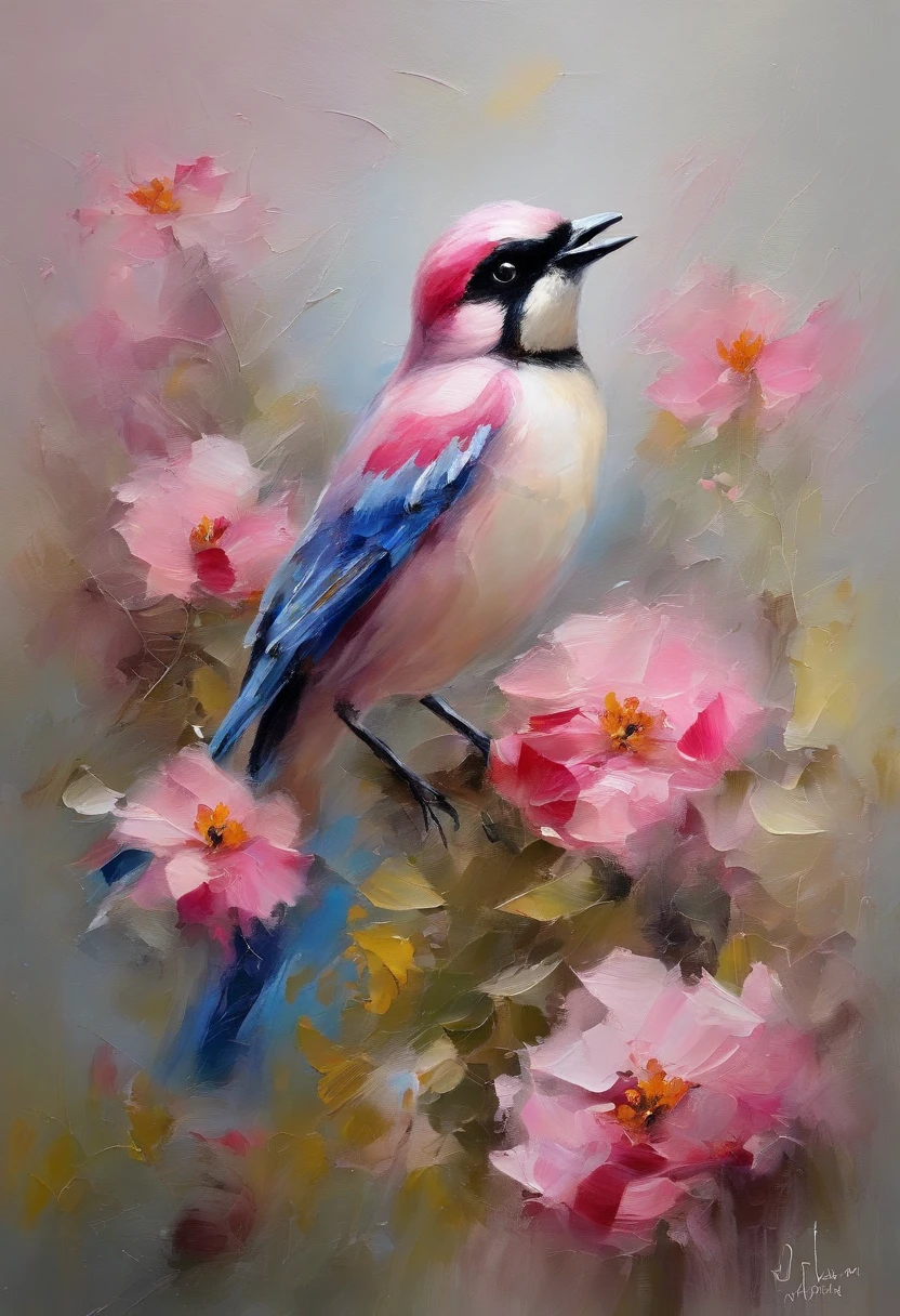 A bird remains in pink flowers,Take pollen,The colors are eye-catching,Sharp
