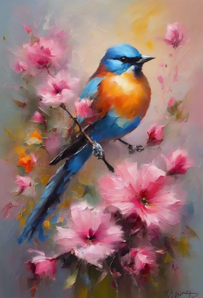 A bird remains in pink flowers,Take pollen,The colors are eye-catching,Sharp