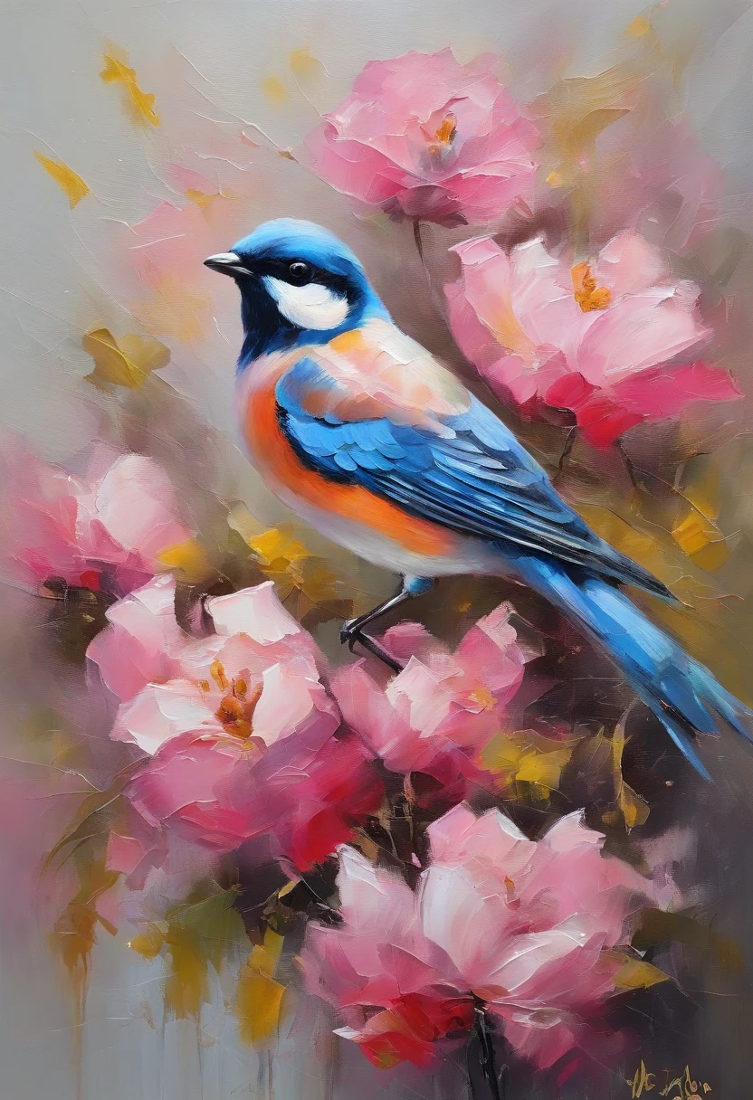 A bird remains in pink flowers,Take pollen,The colors are eye-catching,Sharp