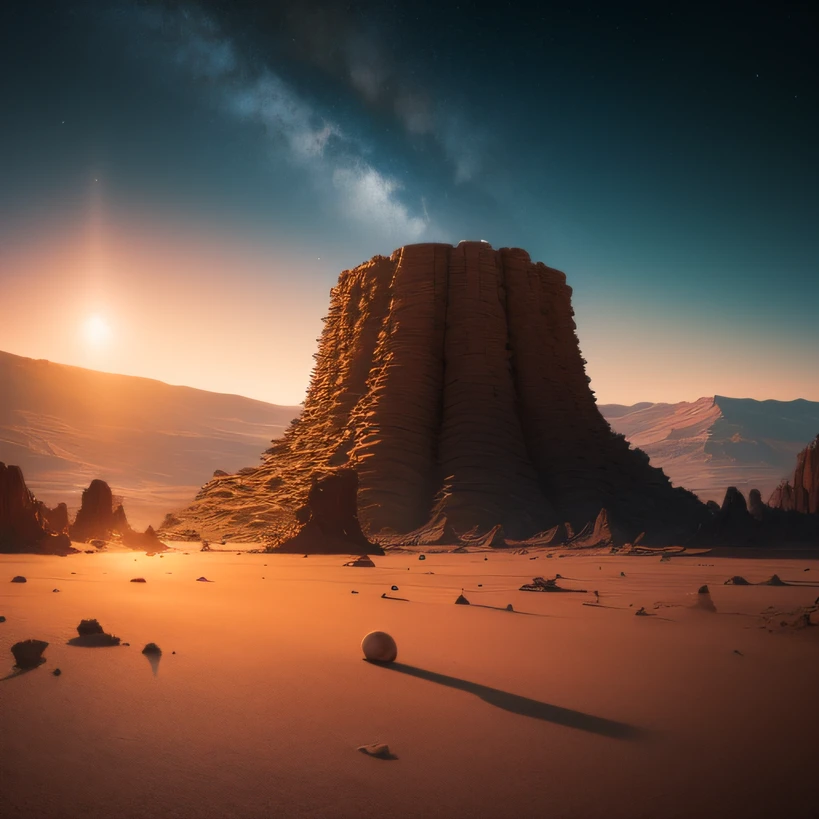 Alien base (Very detailed) In the mountainous desert，There are several exhaust fans and chimneys, Some spotlights come out of the base to illuminate dark places, (Extreme nights), Some clouds in the night sky, Some of the surrounding planets provide air to unknown planets，The farthest giant volcano is erupting