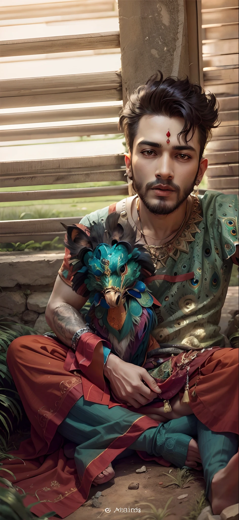 God Krishna sitting on grass playing with peacock