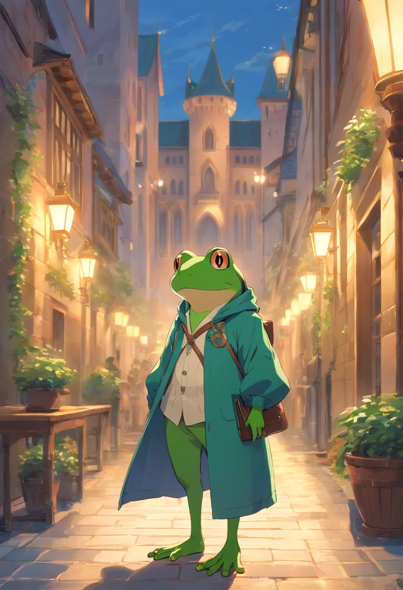 Frog standing, jacket, Anthropomorphic anthropomorphic frog in medieval European aristocratic clothes, intricate Griebles work, European castle behind, muscular body, muscular arms, small head, Ogro Monstruso, Titan, leather shoes, soft lighting, 32k ,Hyper-realistic ,Background details are exquisite,The scene is surreal,Create a charming graphic style