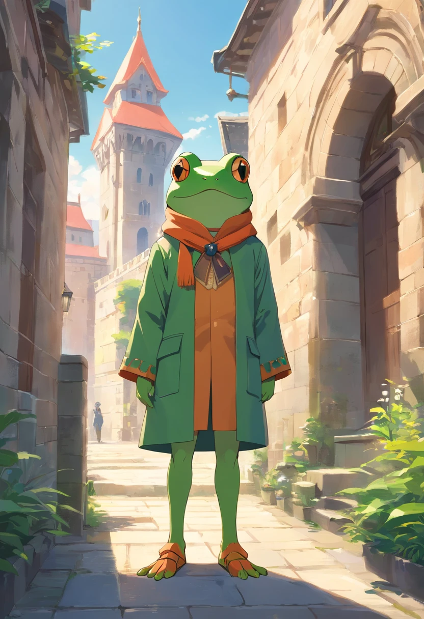 Frog standing, jacket, Anthropomorphic anthropomorphic frog in medieval European aristocratic clothes, intricate Griebles work, European castle behind, muscular body, muscular arms, small head, Ogro Monstruso, Titan, leather shoes, soft lighting, 32k ,Hyper-realistic ,Background details are exquisite，The scene is surreal，Create a charming graphic style