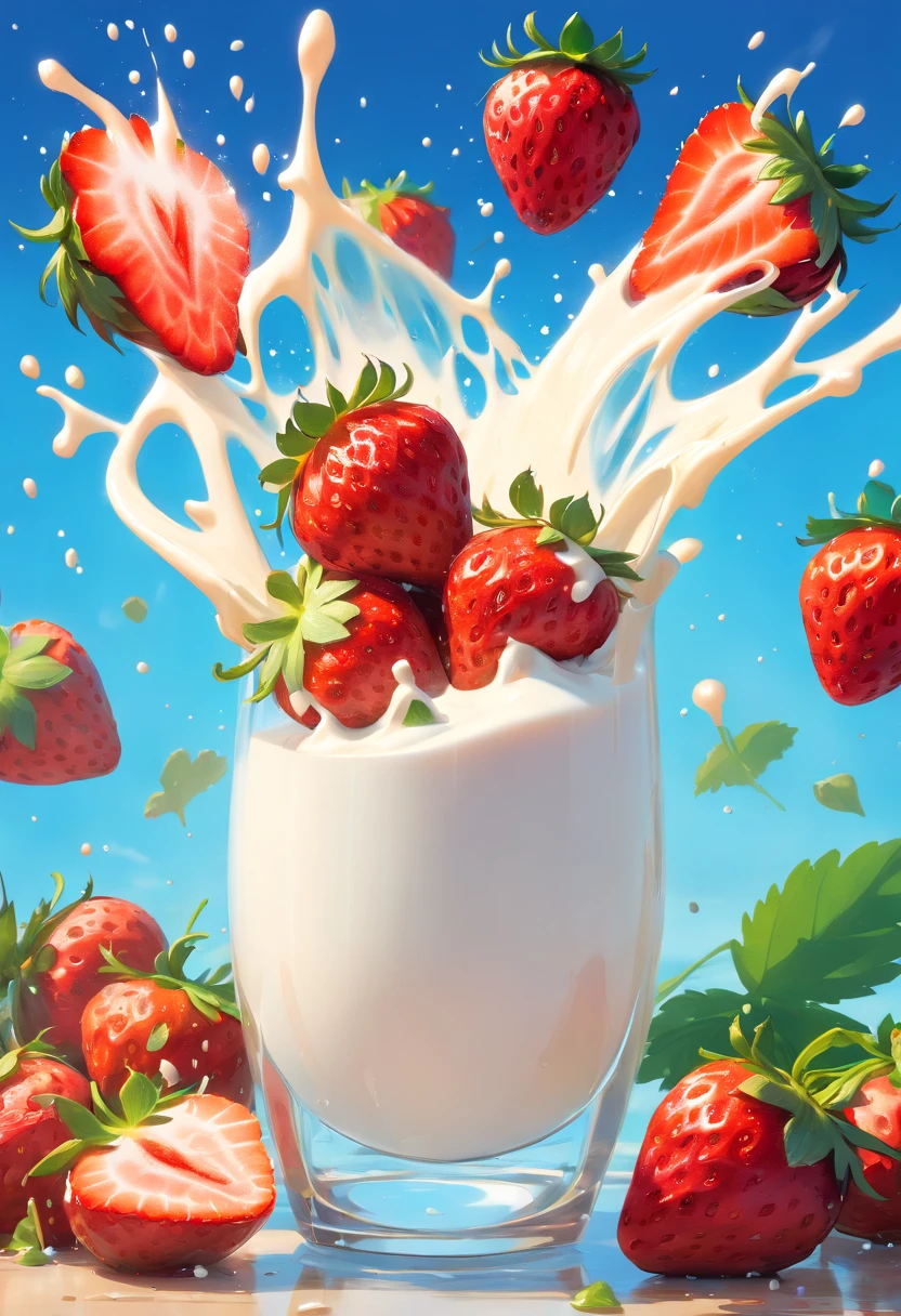 (Magical Photo:1.3) of (Realistic:1.3),(Energetic:1.3) product photography of a strawberries falling into a glass of milk, splash, intricate, epic,(by Artist RHADS:1.3),Highly Detailed,(Provia:1.3)