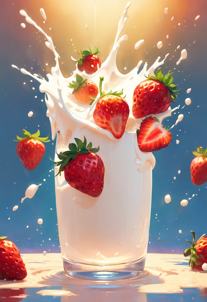 (Magical Photo:1.3) of (Realistic:1.3),(Energetic:1.3) product photography of a strawberries falling into a glass of milk, splash, intricate, epic,(by Artist RHADS:1.3),Highly Detailed,(Provia:1.3)