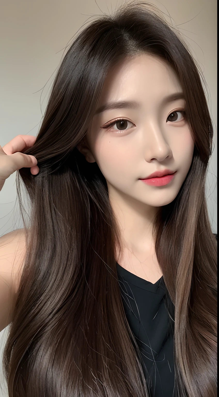 ((Realistic lighting、top-quality、8K、masterpiece:1.3))、Clear focus:1.2、1girl in、flawless beauty:1.4、、Neat and clean clothing、One-piece clothes、Superfine Face、Narrow-eyed、二重まぶた、lighting like a movie、photos realistic、28 year old、Face like a K-pop idol、white backgrounid、Gray background、Mature Woman、Classy makeup、Angle of pull、length hair、Longhaire、Long hair、Straight hair、Korea person、Rolled hair