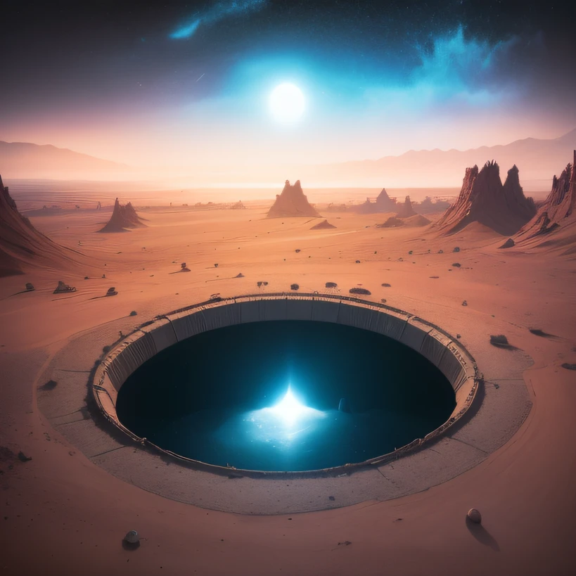Alien base (Very detailed) In the mountainous desert,There are several exhaust fans and chimneys, Some spotlights come out of the base to illuminate dark places, (Extreme nights), Some clouds in the night sky, Some of the surrounding planets provide air to unknown planets,The farthest giant volcano is erupting