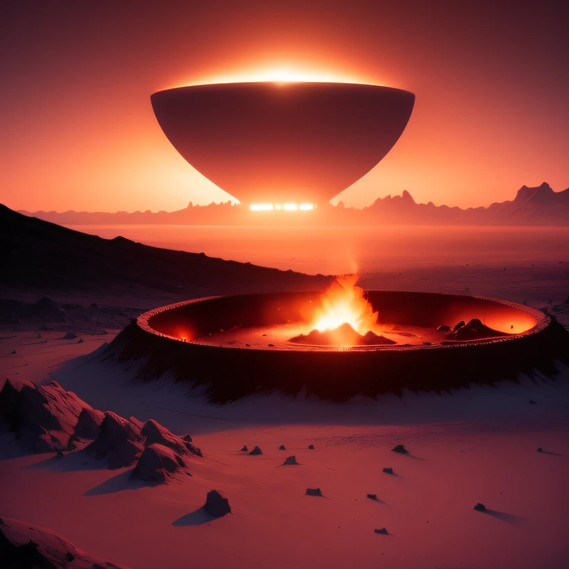 Alien base (Very detailed) In the mountainous desert,There are several exhaust fans and chimneys, Some spotlights come out of the base to illuminate dark places, (Extreme nights), Some clouds in the night sky, Some of the surrounding planets provide air to unknown planets,The farthest giant volcano is erupting