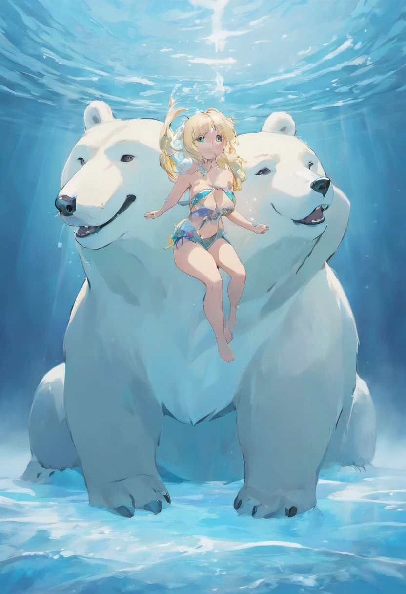 Polar bears, Ocean, swim ring, toys, Ice, 3D rendering of, High quality, Masterpiece