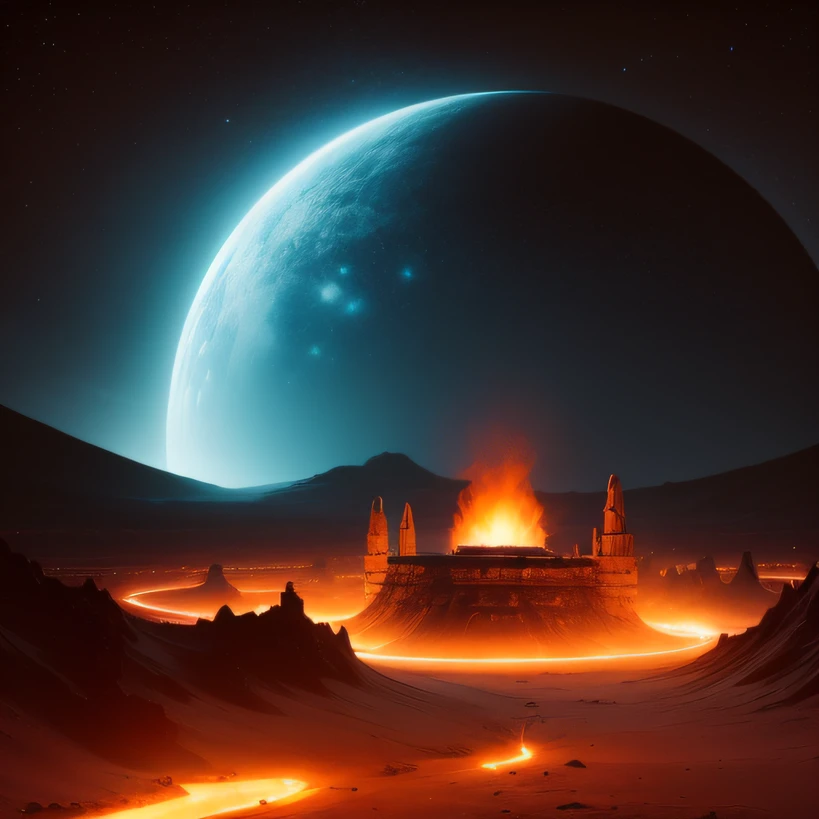 Alien base (Very detailed) In the mountainous desert,There are several exhaust fans and chimneys, Some spotlights come out of the base to illuminate dark places, (Extreme nights), Some clouds in the night sky, Some of the surrounding planets provide air to unknown planets,The farthest giant volcano is erupting