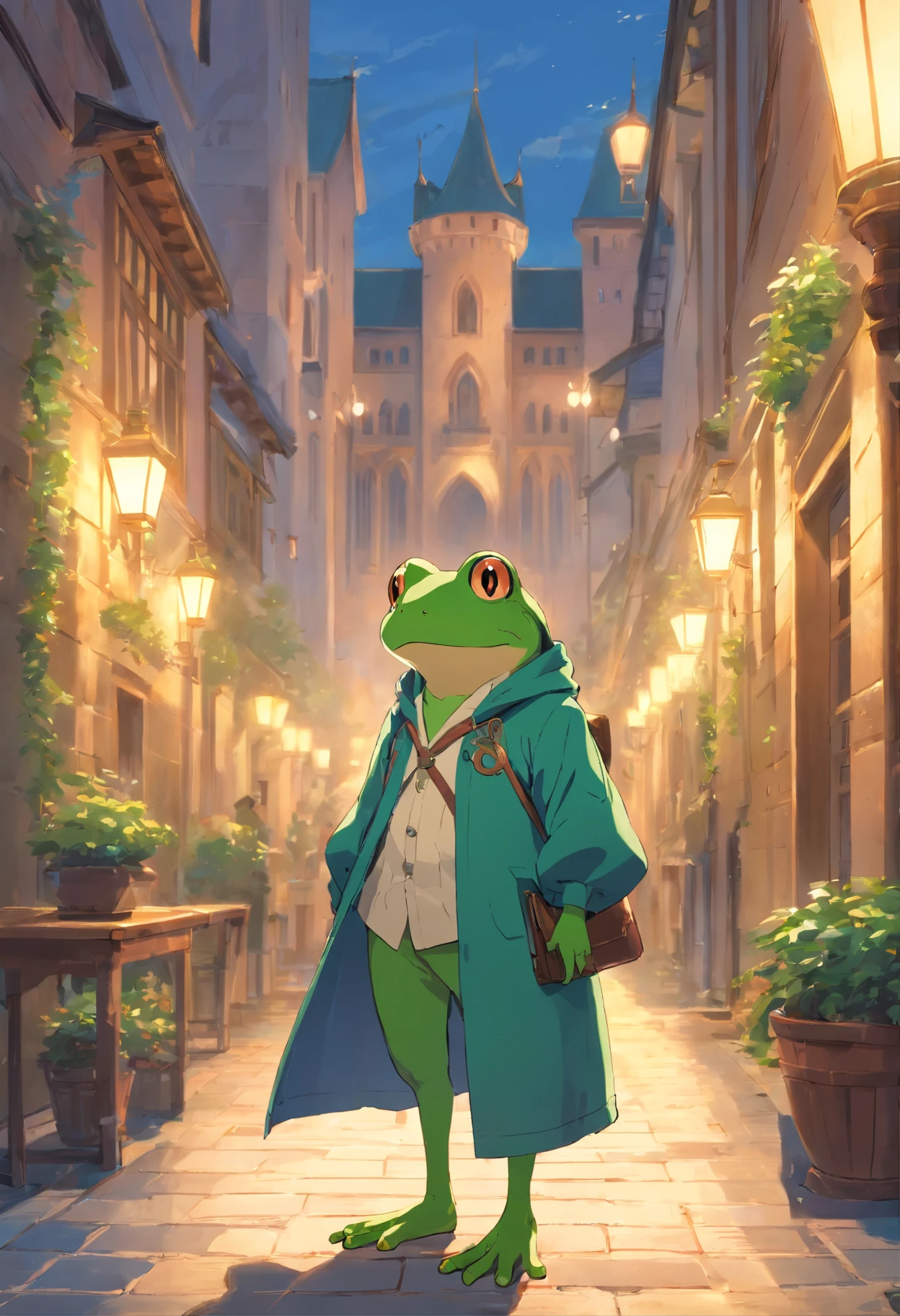 Frog standing, jacket, Anthropomorphic anthropomorphic frog in medieval European aristocratic clothes, intricate Griebles work, European castle behind, muscular body, muscular arms, small head, Ogro Monstruso, Titan, leather shoes, soft lighting, 32k ,Hyper-realistic ,Background details are exquisite,The scene is surreal,Create a charming graphic style
