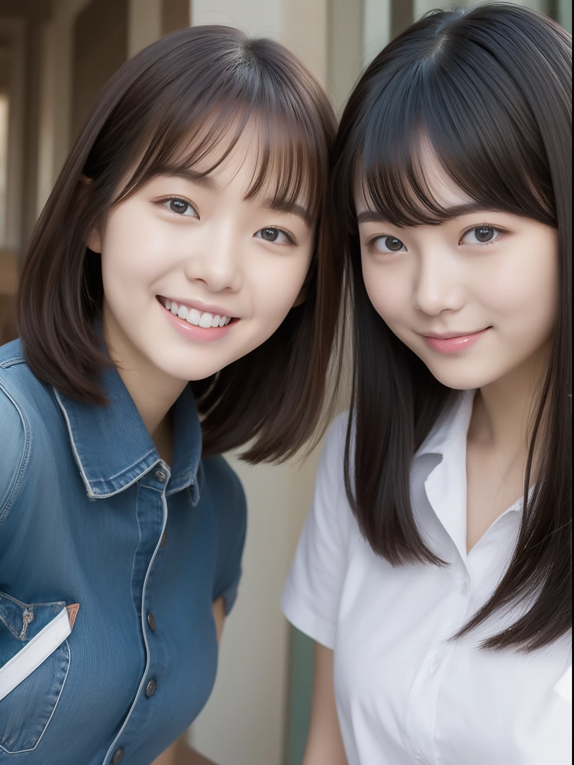 Two beautiful women、18year old 、student clothes、Half body shot、80mm、A smile、bangss、NSFW、From below