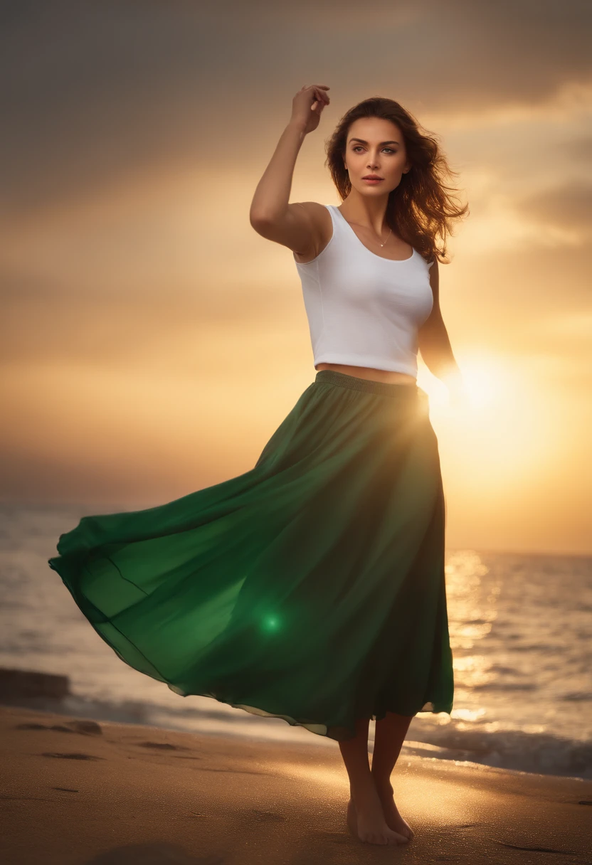 ((of the highest quality, 8K,Raw photo)), (Realistic, Photorealistic: 1.37), (Face Focus: 1.1), Glowing Green Eyes, Small breasts, flat chest, Scales, Short hair, A Serent Lady、25-years old、(white t-shirts: 1.1)、Skirt, Sitting, Arms up, From below, Sunlight, Movie Lighting, Beautiful girl with windblown hair in twilight sky