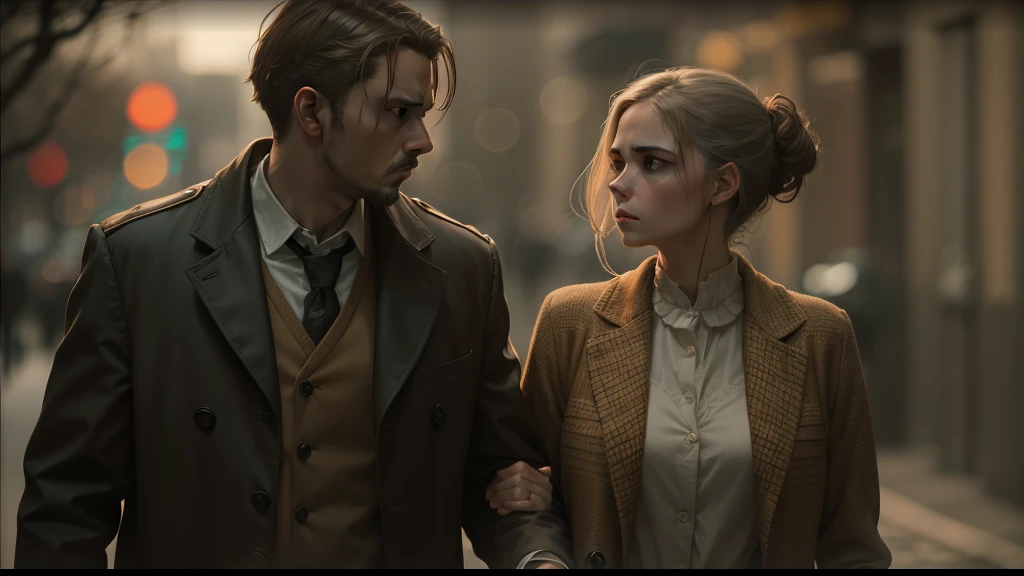 Horror movie atmosphere,A couple holding hands,natta,Empty street, the rule of thirds, Tonal color scheme, pale brown, Contemplative silence, Bokeh, Mystery, Horror, unholy, eerie, Creepy, Moody lighting, In the style of Denis Villeneuve, cinematic Film still from, cine still 800