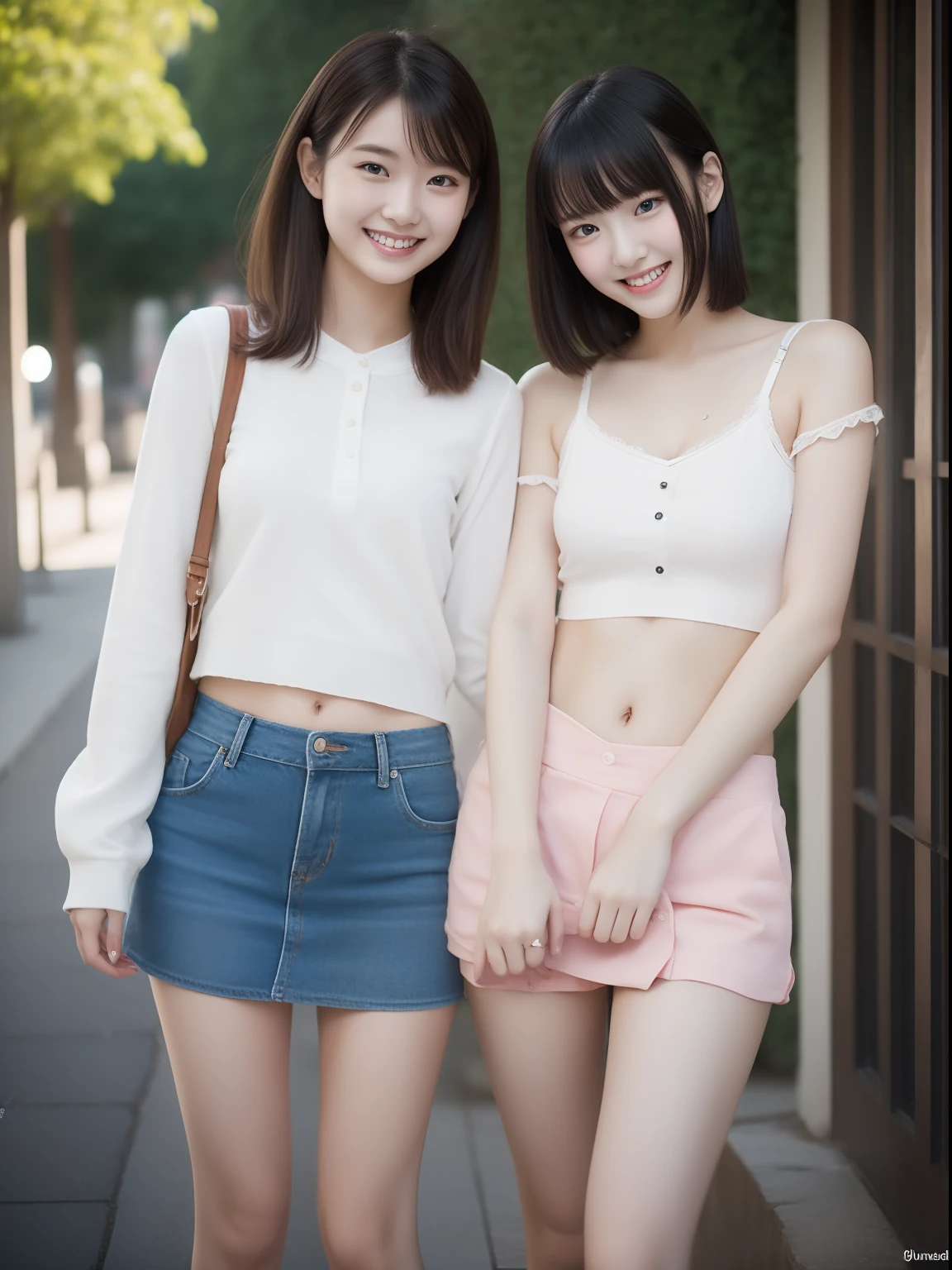 Two beautiful women、18year old 、student clothes、Half body shot、80mm、A smile、bangss、NSFW、nudde