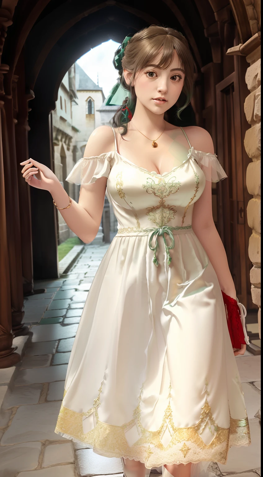 Left and right symmetrical eyes,Eyes are balanced left and right,((Transparent emerald green gothic type long dress(Gold and red three-dimensional embroidery,White decoration))),​masterpiece, top-quality, 超A high resolution,8K,32K,1girl in,Girl walking in stone corridor in medieval Europe, (Photorealsitic:1.5), natural soft light, beautiful countenance,Gentle face, 年轻, Detailed eyes and lips, Detailed skin and fabric texture,((curlyhair, cabelos preto e longos,High Up Ponytail,Cute big white ribbon on ponytail)), (((Tube Top,off shoulders,v neck,Emerald Green Silk Fluffy Long Dress、White decoration))),adolable, striated hair,kindly smile, red necklace,a choker, is standing, Teen, japanaese girl, (((Inside a castle in medieval Europe、((Emerald green fluffy long dress)),(Colossal tits:1.3,cleavage of the breast,Sensual body lines,Gothic lolita)))),Poses in motion(Walk gracefully),dynamicposes,dynamic ungle,Background with(stone pavement、Stone corridor,Inside a castle in medieval Europe,Rococo style,gothic styles,Brick building)