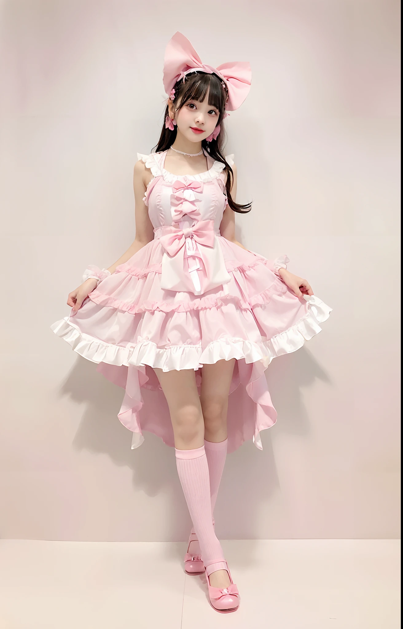 Arafe girl in pink satin dress and pink bow, rococo ruffles dress, frilly outfit, Lolita style, frilld, Light pink, pale red, pastel pink, angelic pretty, Lolita Fashion, style of magical girl, rococo dress, Pink dress, pink pastels, heaven pink, frilld, loli in dress, Lori, fairycore