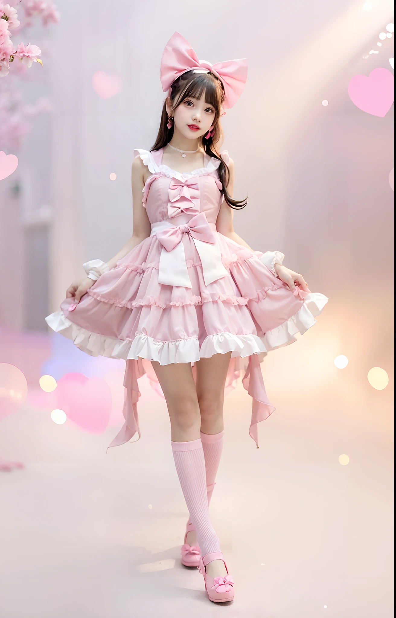 Arafe girl in pink satin dress and pink bow, rococo ruffles dress, frilly outfit, Lolita style, frilld, Light pink, pale red, pastel pink, angelic pretty, Lolita Fashion, style of magical girl, rococo dress, Pink dress, pink pastels, heaven pink, frilld, loli in dress, Lori, fairycore
