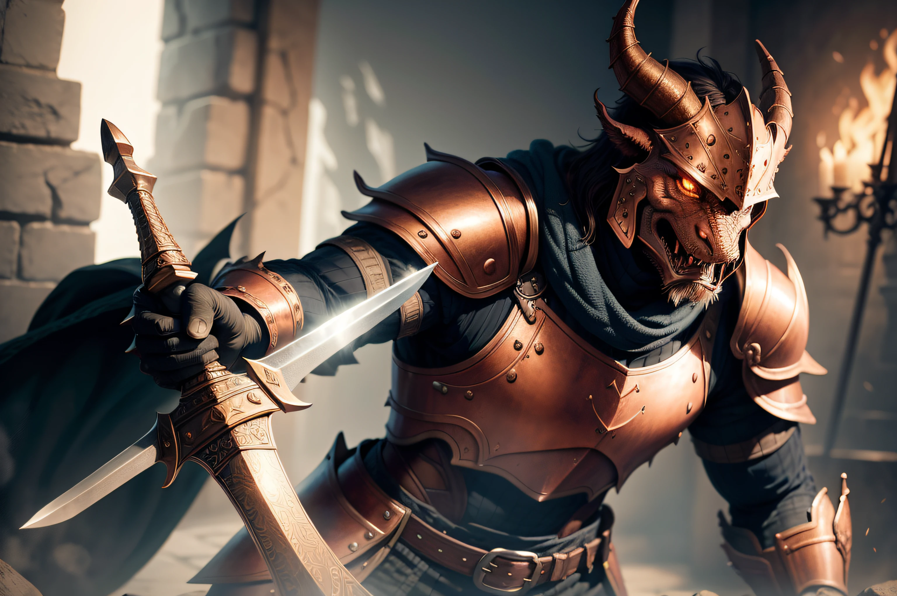 a copper dragonborn wearing armor and holding a sword