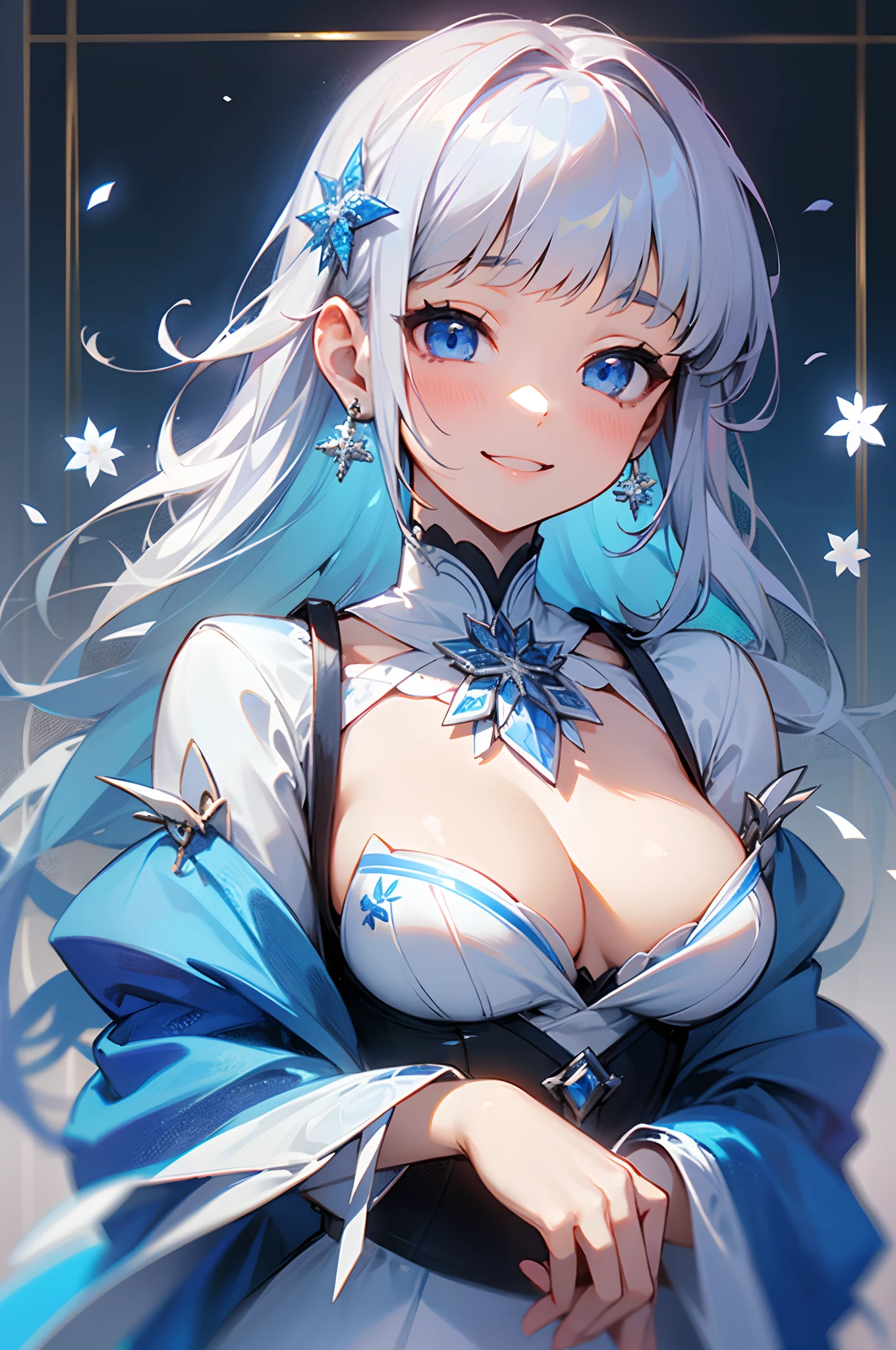 1girl in、White Cal、a 18 year old girl、large full breasts、long hair with gray hair、Blue eyes、Blunt bangs、Brooch with small white flowers、Small snowflake earrings、Costumes in white and blue tones、Cheerful smile