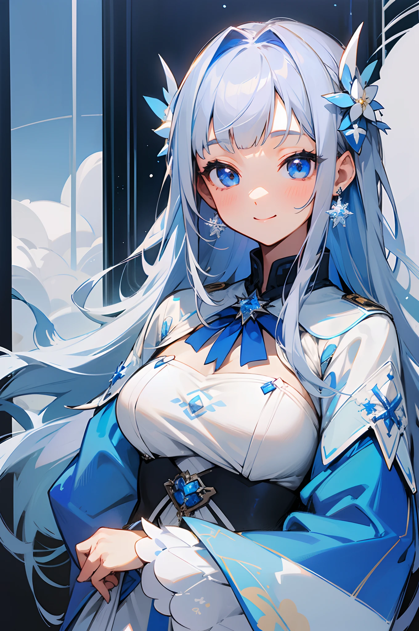 1girl in、White Cal、a 18 year old girl、large full breasts、long hair with gray hair、Blue eyes、Blunt bangs、Brooch with small white flowers、Small snowflake earrings、Costumes in white and blue tones、Cheerful smile