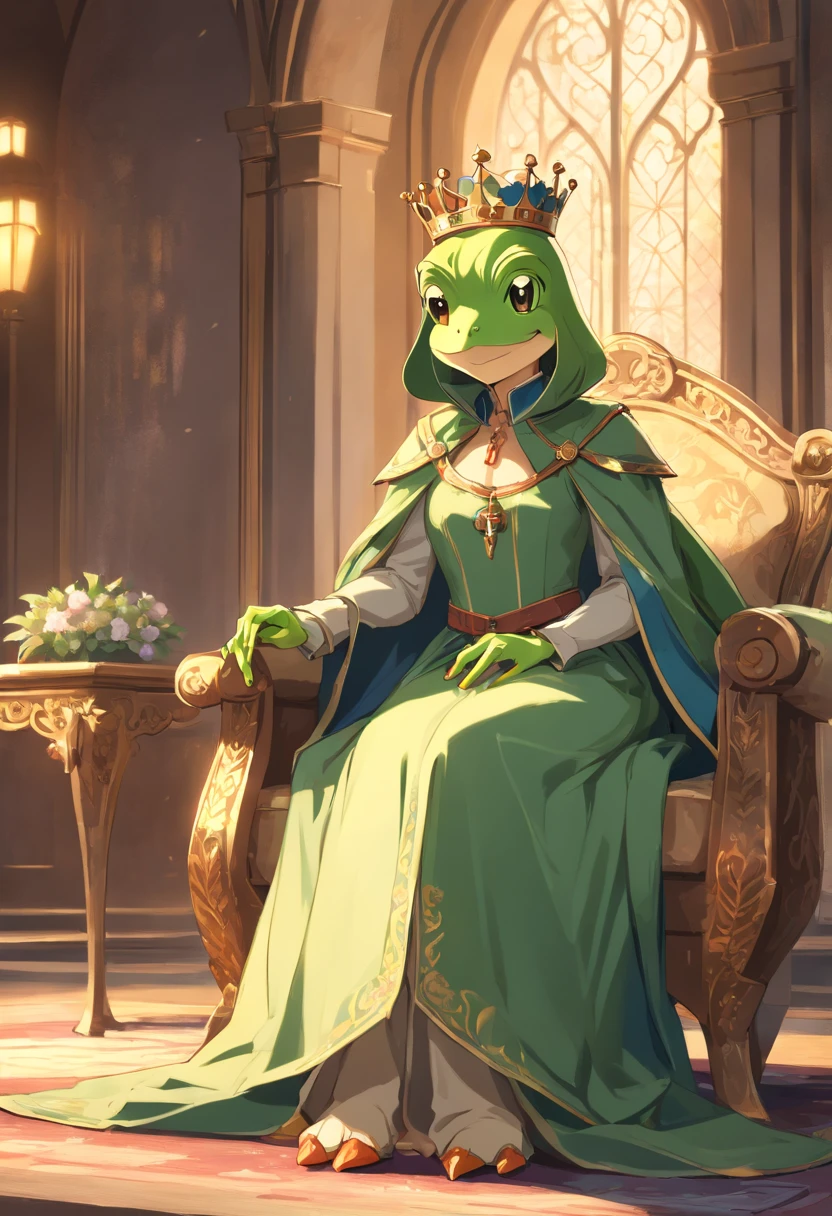 ((dressed in medieval European aristocratic clothes)), ((anthropomorphic humanoid frog)), intricate Gleebles work, ((throne room)), sumptuous decoration, aristocratic clothes, noble clothes , Small Head, Ogro Monstruzo, Titan, Leather Shoes, Soft Lighting, 32k, Hyper Realista , Background details are exquisite,The scene is surreal,Create a charming graphic style, NO humans,