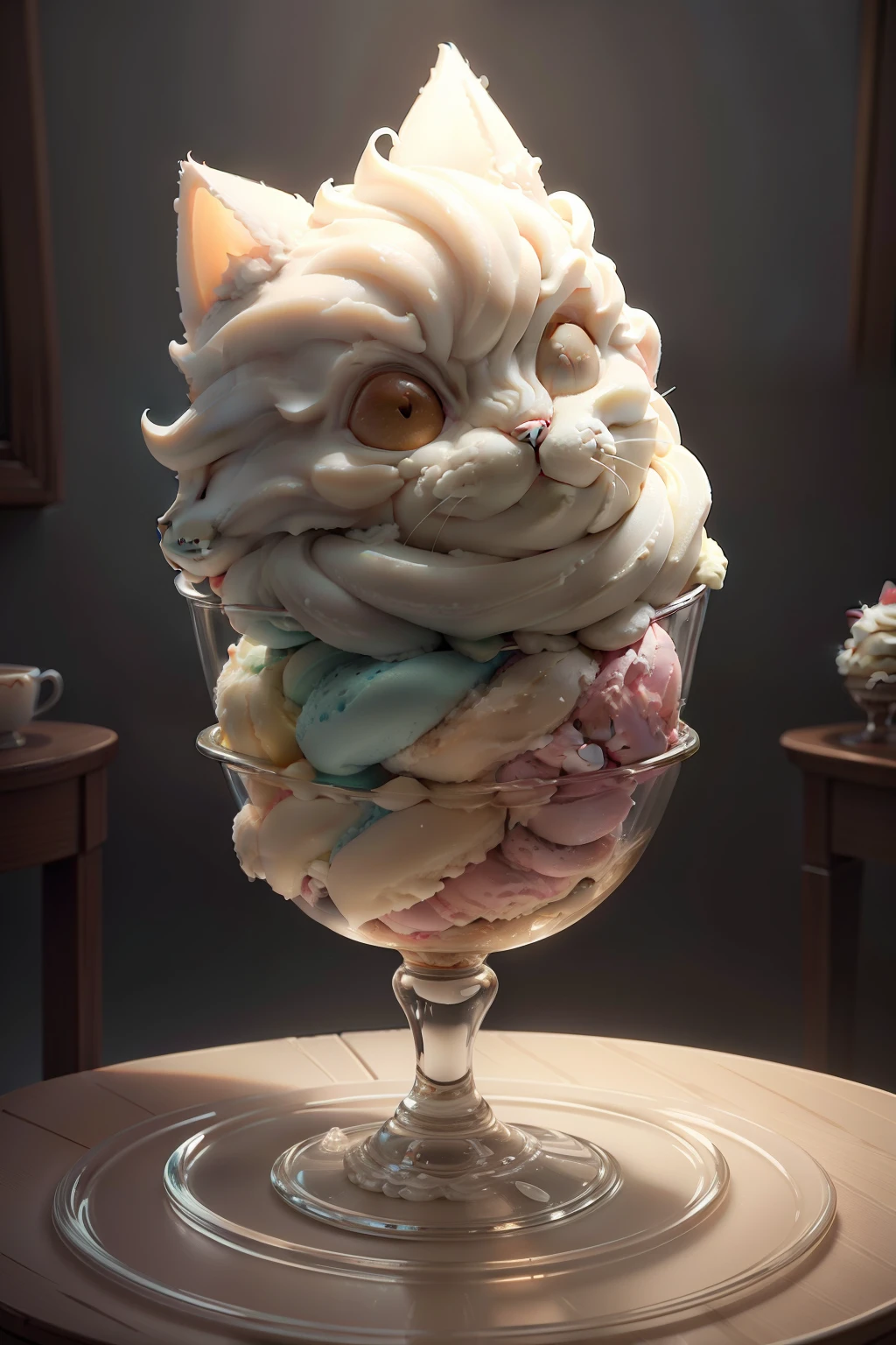 tmasterpiece,best qualityer,spotlight lights,Light effect,inverted image,icecream, Serve the ice cream in a glass,tray,spooning,Realistic and detailed images,Cat head pattern