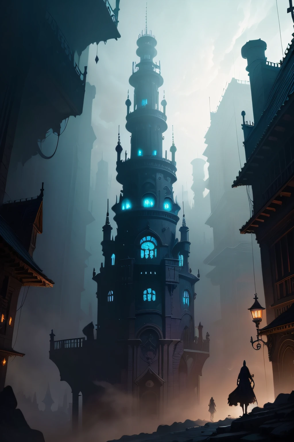 dark underground city, with ghostly figures are floating up to sky, by andreas rocha and john howe style