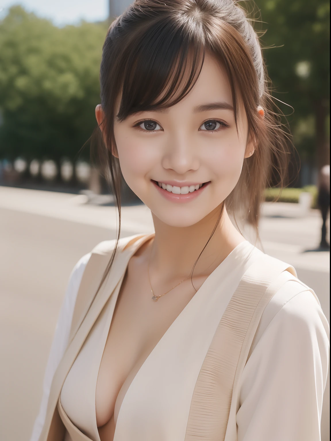 Beautuful Women、18year old 、student clothes、Half body shot、80mm、A smile、bangss、NSFW、nudde