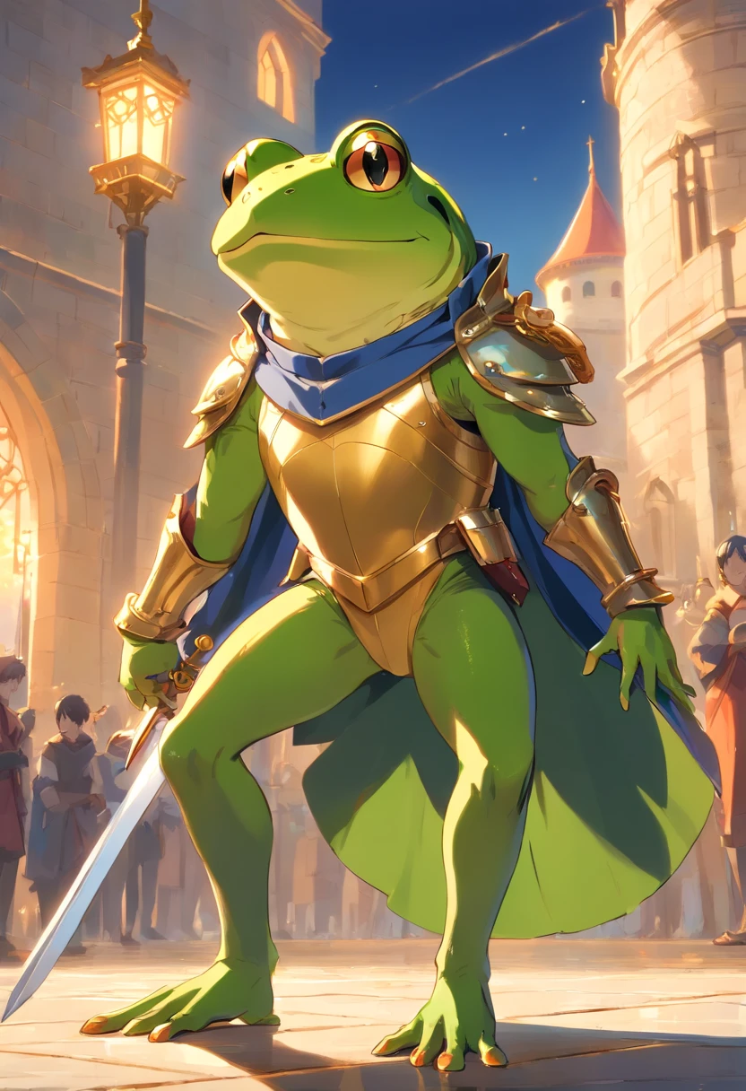 Frog Wearing gold armor and carrying big sword Anthropomorphic anthropomorphic frog in medieval European aristocratic clothes, intricate Griebles work, European castle behind, muscular body, muscular arms, small head, Ogro Monstruso, Titan, leather shoes, soft lighting, 32k ,Hyper-realistic ,Background details are exquisite，The scene is surreal，Create a charming graphic style