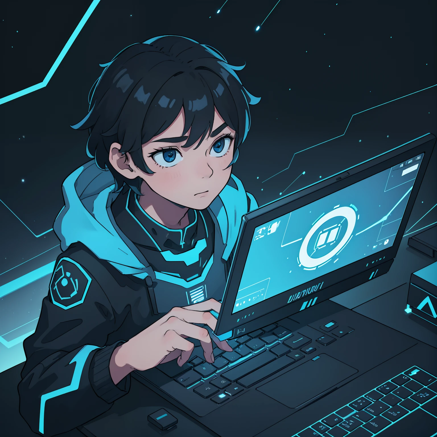 (best quality,4k,8k,highres,masterpiece:1.2),ultra-detailed,realistic:1.37,A boy with black hair and black eyes coding on a silver colored laptop,3D rendering,magic,concentrated,attentive,professional,studio lighting,vivid colors,bokeh,dynamic lighting,enchanted,laptop illuminates his face,intense focus,electrifying energy,wizard-like coding,keyboard glows with magic,holographic code lines,tech-savvy,blueish color palette,computer science,binary code,programming languages,data visualization,brilliant mind,wave of magic emerges from the laptop,black background,transcendent atmosphere,cosmic connection