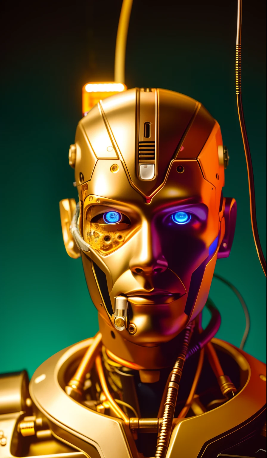 cyborg man portrait, exposed wires, gold oil leaking from rusty wires