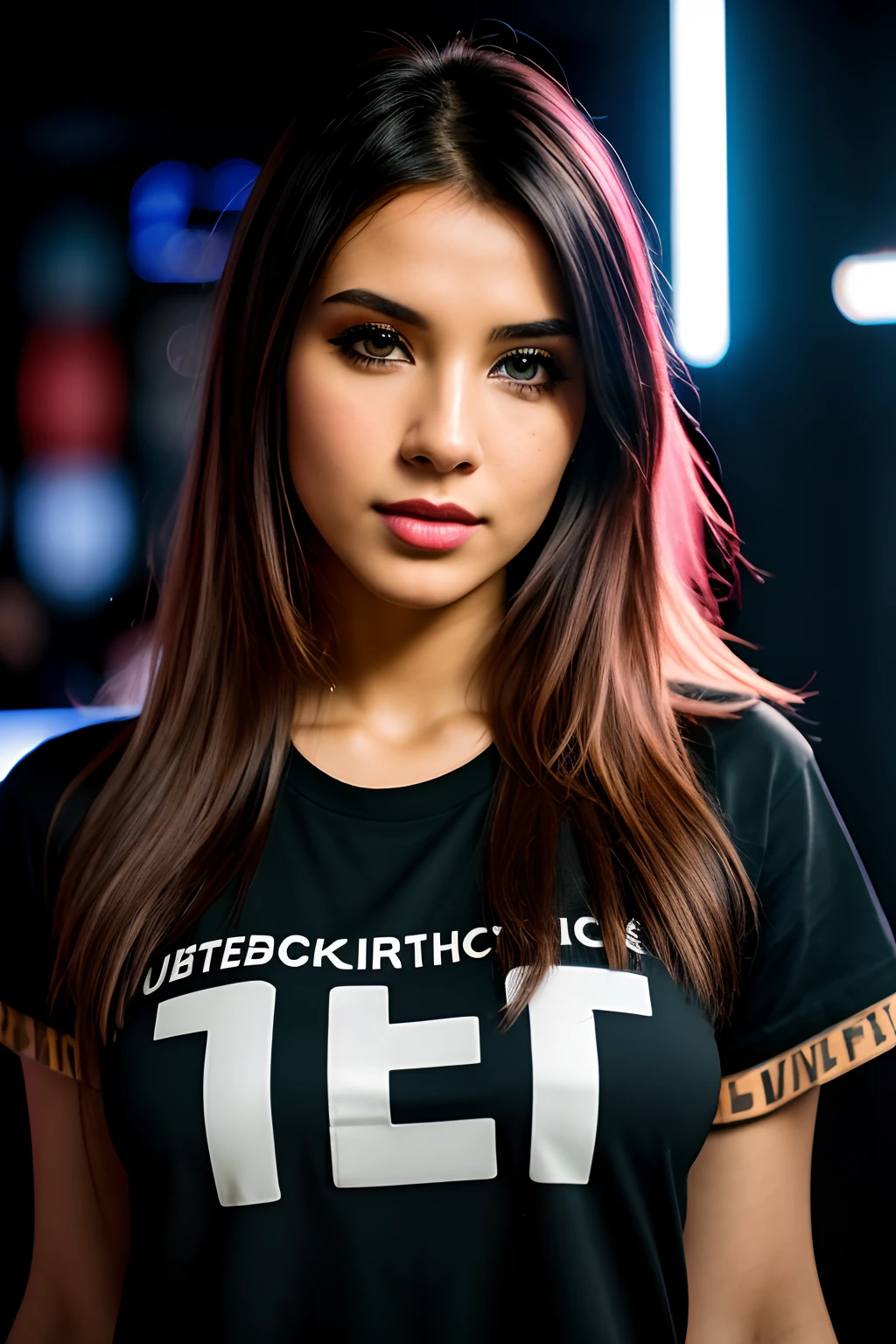 photo of (CyberDutch_V2:0.99), a woman as a sexy TikTok influencer, posing in night club, modelshoot style, (extremely detailed CG unity 8k wallpaper), photo of the most beautiful artwork in the world, professional majestic (photography by Steve McCurry), 8k uhd, dslr, soft lighting, high quality, film grain, Fujifilm XT3 sharp focus, f 5.6, High Detail, Sharp focus, dramatic, (wearing a punk t-shirt), (looking at viewer:1.2), (detailed pupils:1.3), (natural light), (closeup:1.2), (seductive)