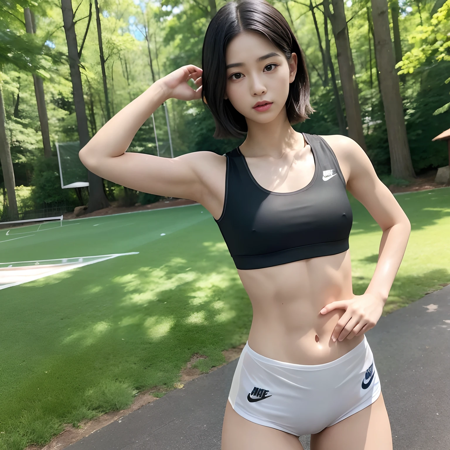 Female, 20 years old, (tmasterpiece: 1.4), (8K, Realiy, RAW photogr, best qualtiy: 1.4), japanes, (1 rapariga), beauitful face, (real face: 1.4),beatiful detailed eyes, (realskin: 1.3), Beautiful skins, Attractive, 超A high resolution, Ultra photo realsisim, K HD, the golden ratio, (Detailed face: 1.4) With short black hair,(nike fit athletic wear:1.5), dynamic pose, (developed abdominal muscles:1.5), (fit body:1.5), (small titts:1.5), (flat chest:1.5), (outdoor natural light:1.5), (skin colour can see through from wear:1.5), (thin wear:1.5), (see-through sports wear:1.5)