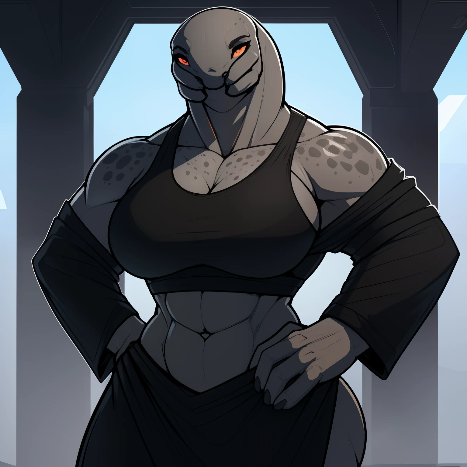 Tall_thick_bodied_Muscular_mature_sangheili female dark_gray_scaled_body sports_bra robes solo Masterpiece best_quality absurdres highly_detailed cleanly_drawn_eyes anthro_only by_claweddrip, by_greasymojo, by_underscore-b, by_runawaystride