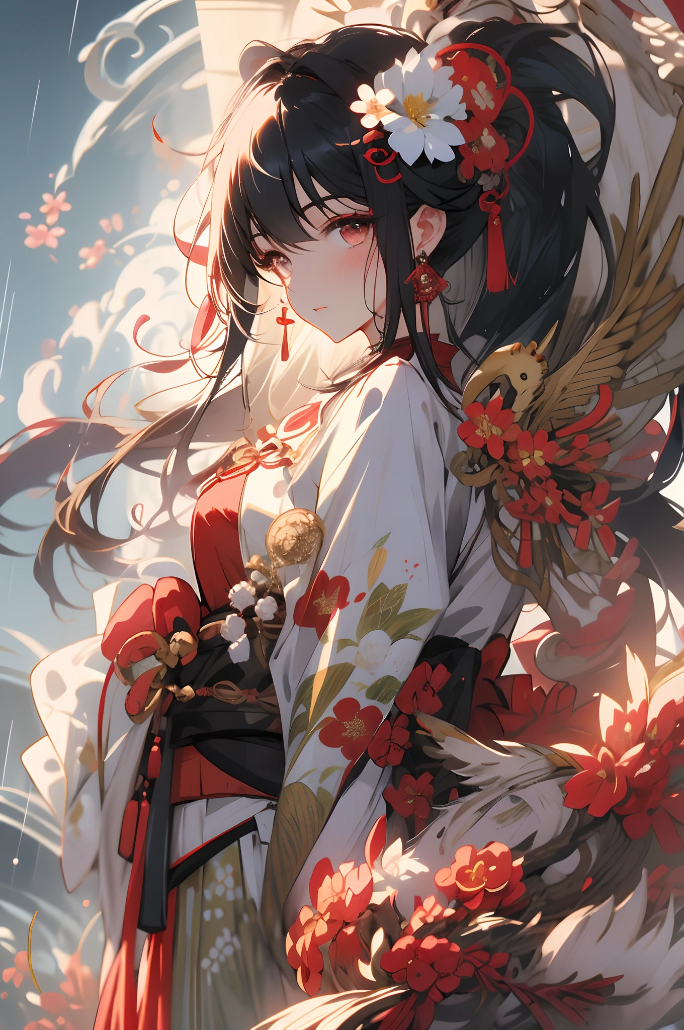 , (masterpiece:1.2), best quality,PIXIV,midjourney portrait,
1girl, umbrella, solo, flower, long hair, hair ornament, hair flower, holding umbrella, looking at viewer, rain, holding, outdoors, bangs, japanese clothes, kimono, oil-paper umbrella, black hair, parted lips, long sleeves, upper body, blush, looking back, tassel, chinese clothes, hanfu, wide sleeves, bow, floral print, earrings, white kimono, jewelry, ribbon