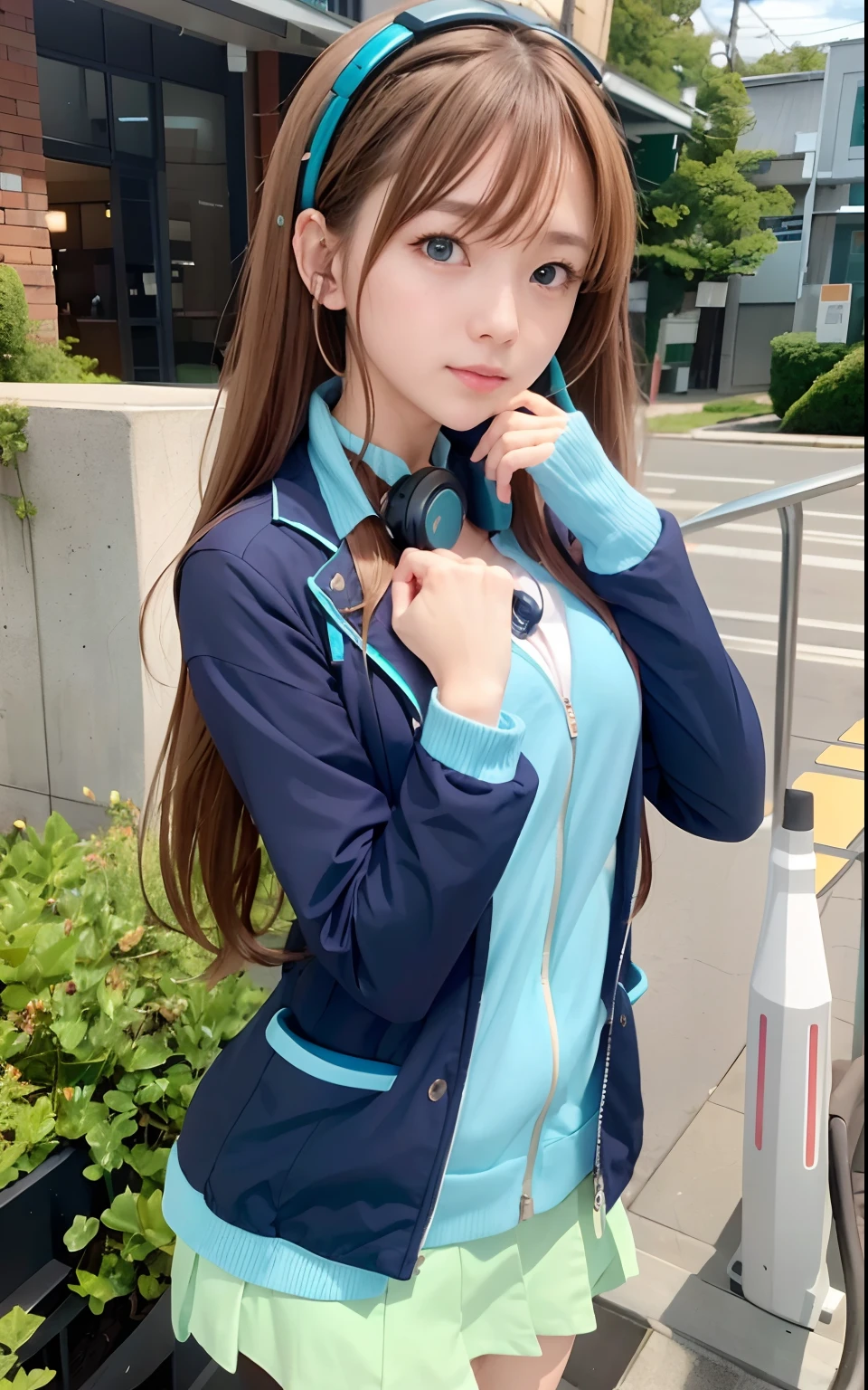 1 girl, Miku Nakano, brown hair, blue eyes, wearing a headset around her neck, wearing a light blue jacket, wearing a light green short skirt