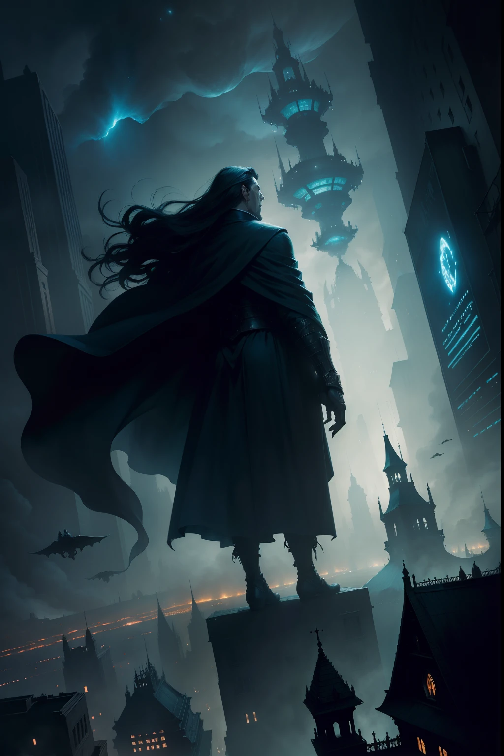 dark city, with ghostly figures are floating up to sky, while floating in space as background by andreas rocha and john howe style