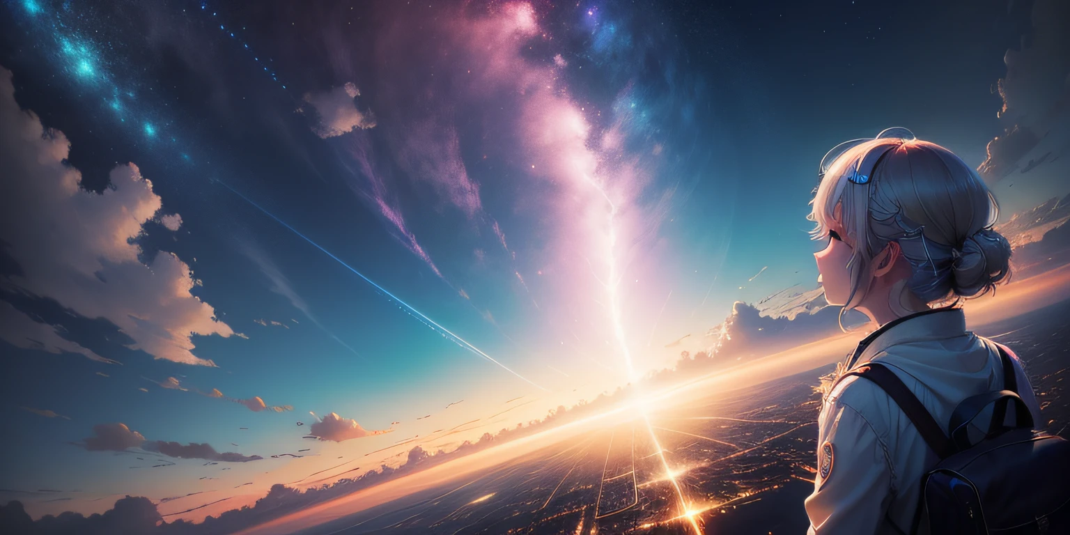 A woman looking at the sky with a bright light shining through - SeaArt AI