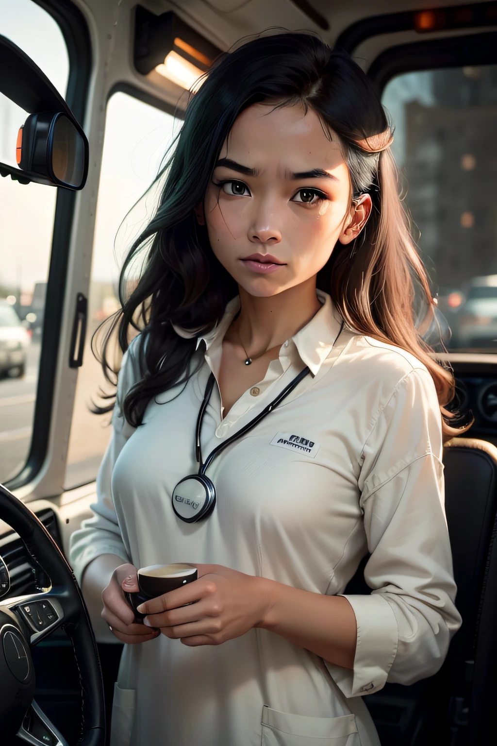 color photo of a woman with caramel-colored eyes, dark caramel hair flowing around her shoulders, and a light tan complexion, confidently driving a semi-truck. As a dedicated medical student, she wears a stethoscope around her neck, a symbol of her unwavering commitment to her studies and the healing profession.
In front of her, scattered coffee beans create a cozy and inviting atmosphere, evoking a sense of warmth and familiarity. The earthy aroma of the coffee fills the air, adding a comforting touch to the scene.
The photo captures her focused and determined expression, her eyes reflecting a deep sense of purpose and passion. Behind the wheel of the powerful truck, she embraces the challenges and adventures that lie ahead, ready to conquer the road with grace and resilience.
This captivating color photo is a testament to her dedication, showcasing the harmonious blend of her academic pursuits and her adventurous spirit. The camera used is a Canon 5D Mark IV, paired with a versatile 24-70mm lens, ensuring every detail is captured with precision and clarity.
In a unique juxtaposition, visionary directors Christopher Nolan and Wong Kar-wai collaborate with acclaimed cinematographer Emmanuel Lubezki, renowned photographer Steve McCurry, and fashion designer Stella McCartney. Their distinct artistic visions merge to create a visually striking photo that celebrates the strength and determination of this remarkable woman.