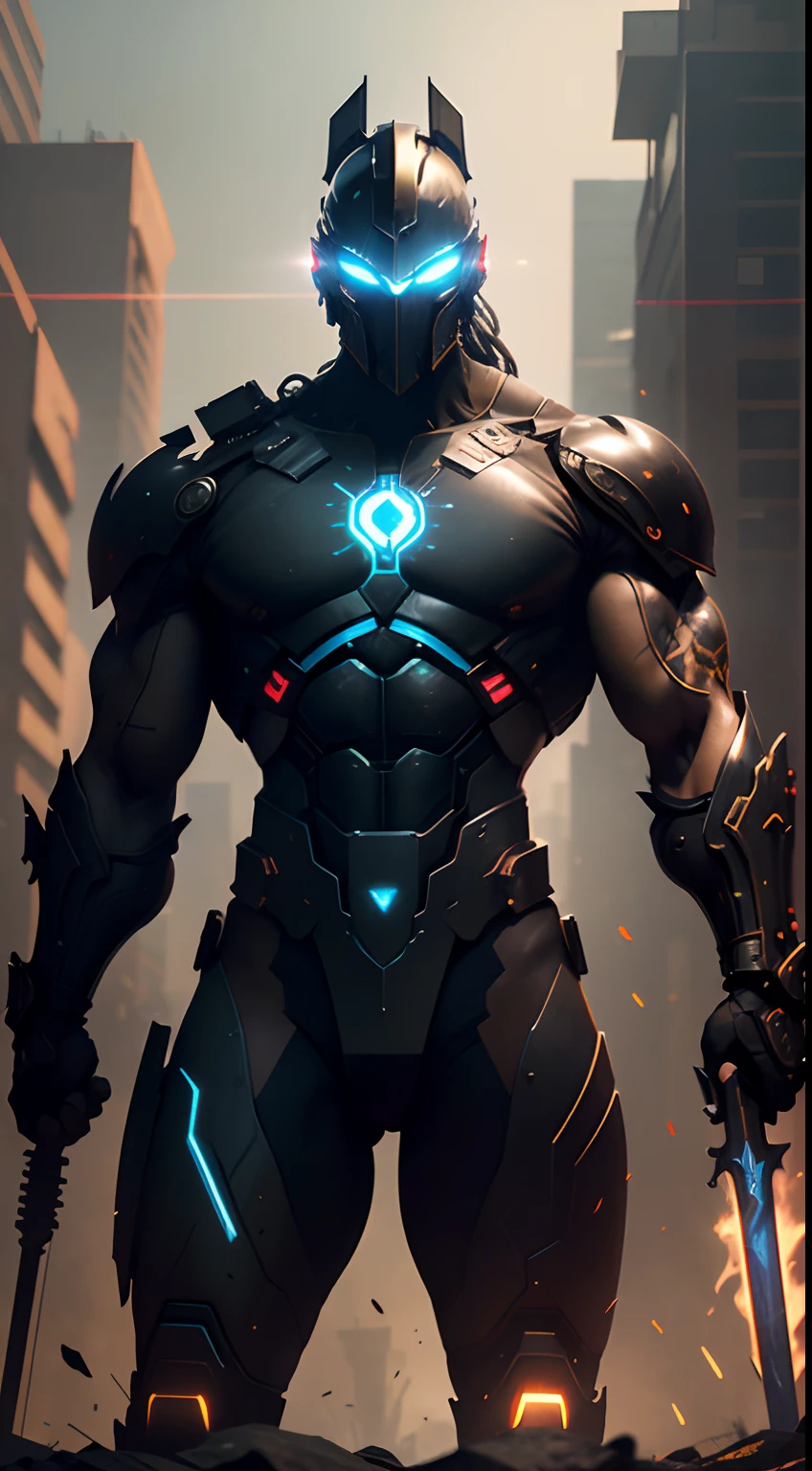 (Ultra resolution 8K), impresionante obra maestra,Cyberpunk Spartan warrior as titan of the digital age. Dressed in biomechanical armor of dark and metallic tones, his imposing figure fuses the elegance of ancient Greece with the sophistication of advanced technology.His cybernetic helmet frames a resolute face, in which cybernetic eyes glow with flashes of blue light. Luminescent circuit lines snake through your skin, And digital tattoos change pattern as they connect to the global network. Its robotic limbs glide with deadly precision, while its modified human body exhibits sculpted and streamlined musculature.The warrior wields a sword with a nanotechnology blade, whose advantage adapts to each enemy and situation. Your cybernetic pulse synchronizes with data streams, allowing you to foresee enemy movements with lethal accuracy. Fight in the neon alleys of the megacity, donde los destellos de hologramas y anuncios digitales se mezclan con las chispas de sus impactos.This cyberpunk Spartan warrior embodies a unique fusion between ancestral strength and technological innovation. Su presencia inspira respeto y asombro, Reminding everyone that even in the age of machines, The indomitable essence of the warrior continues to burn in his heart of metal and flesh.(Quality lighting), agregar efecto al final