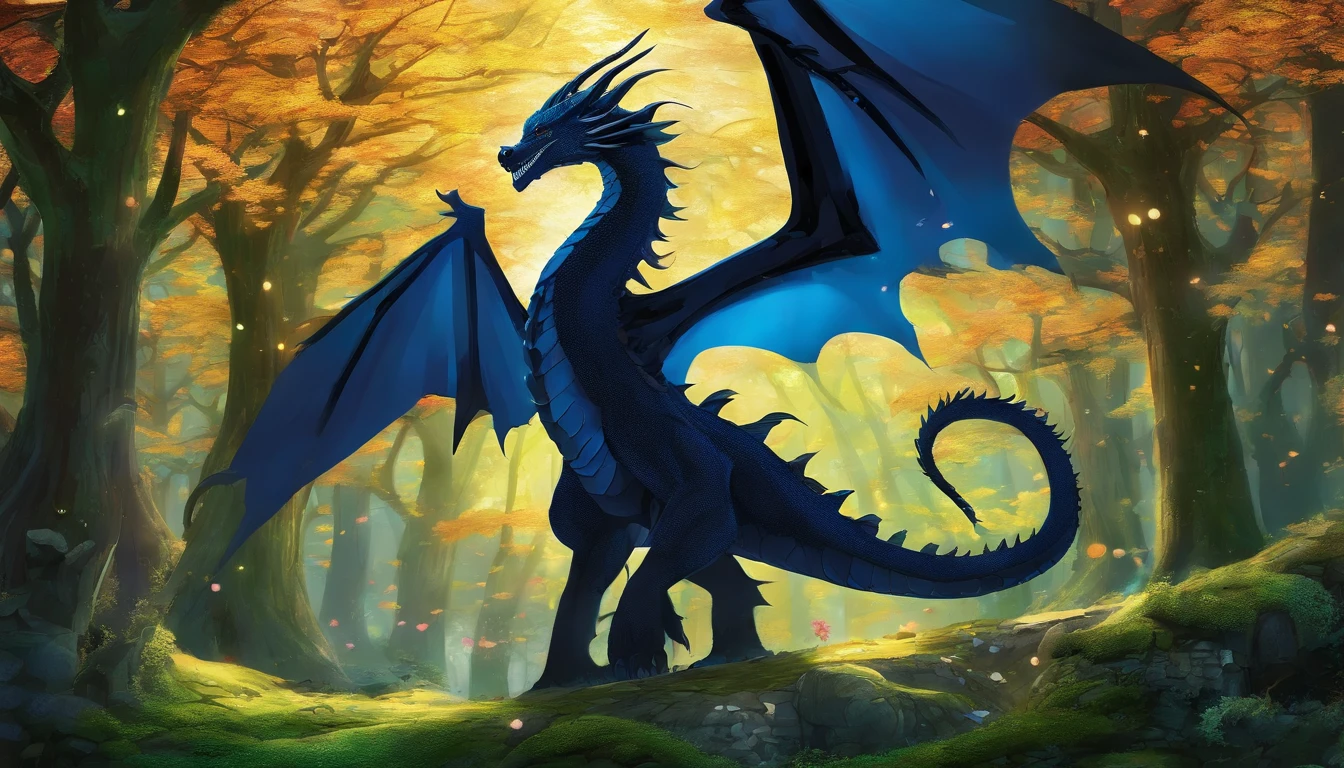 Draw a black dragon with blue eyes. Don't forget the large, elegant wings with white membranes and sharp white claws, com a ponta da cauda pontuda e branca. Make sure the dragon scales are detailed and distinct, giving it an imposing appearance, whose form is that of a more or less defined dragon. In a magical forest setting with tall, lush trees. Add details of moss and colorful flowers on the ground. Make sure the environment conveys a sense of mystery and magic.