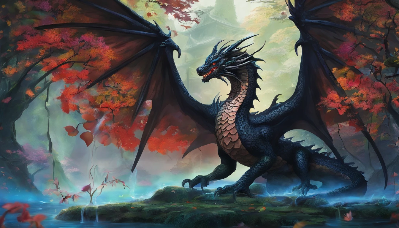 Draw a black dragon with blue eyes. Don't forget the large, elegant wings with white membranes and sharp white claws, com a ponta da cauda pontuda e branca. Make sure the dragon scales are detailed and distinct, giving it an imposing appearance, whose form is that of a more or less defined dragon. In a magical forest setting with tall, lush trees. Add details of moss and colorful flowers on the ground. Make sure the environment conveys a sense of mystery and magic.