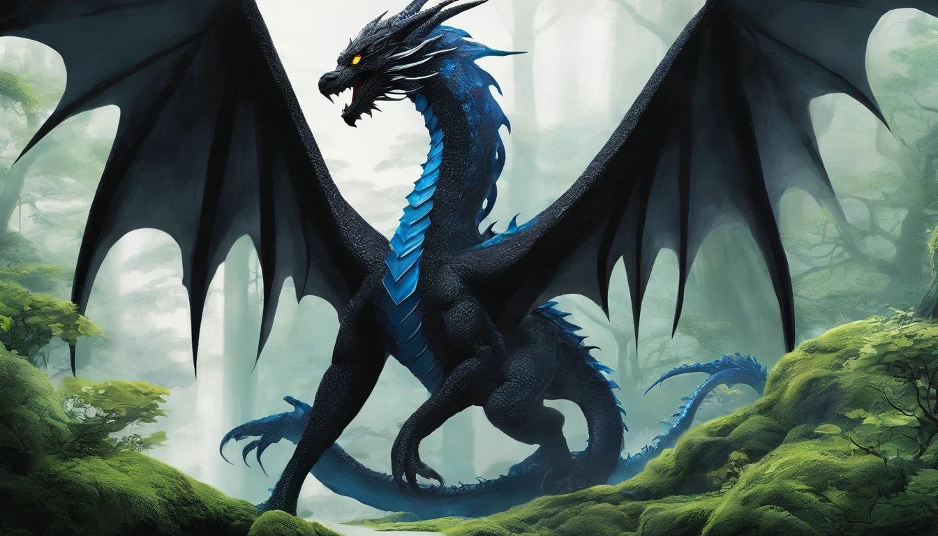 Draw a black dragon with blue eyes. Don't forget the large, elegant wings with white membranes and sharp white claws, com a ponta da cauda pontuda e branca. Make sure the dragon scales are detailed and distinct, giving it an imposing appearance, whose form is that of a more or less defined dragon. In a magical forest setting with tall, lush trees. Add details of moss and colorful flowers on the ground. Make sure the environment conveys a sense of mystery and magic.