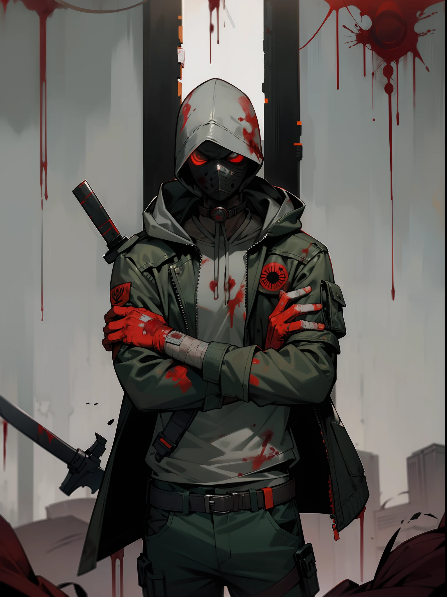 Sector 1,1boy, Frank Morrison, Dead by Daylight, Bloody Mask, gray hoodie, Leather jacket, Camouflage pants, Bullet belt, Bloody bandaged hand, Holding a bloody knife, Male Focus, neck tattoos, Looking at Viewer, (Blood:1.3), Arms crossed