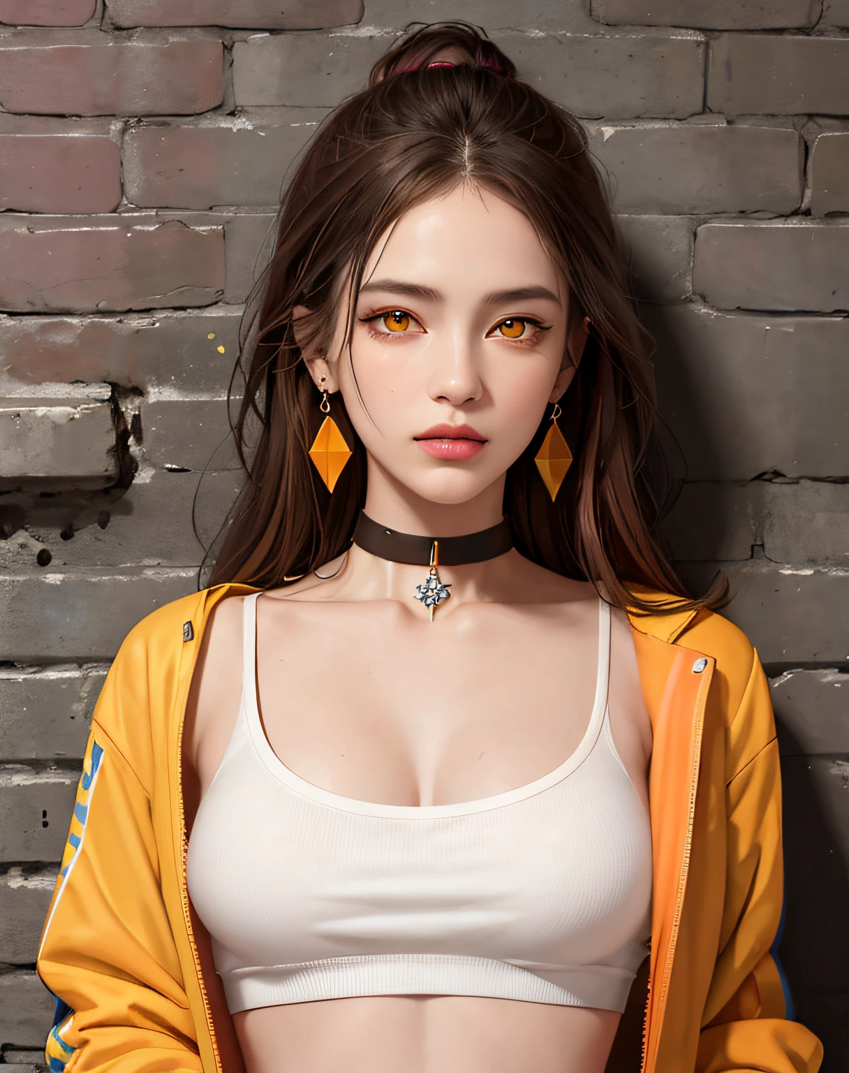 (masterpiece, best quality, 1girl, solo, intricate details, chromatic aberration), realistic, ((medium breath)), long brown hair, orange highlights, yellow eyes, earrings, sharp eyes, pink lips, choker, neon shirt, open jacket, crop top, (symmetry eyes),(perfect symmetrical body), against wall, brick wall, graffiti, dim lighting, alley ,look at viewer