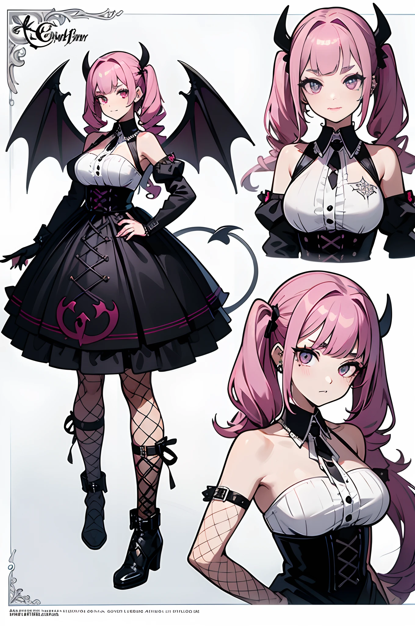 masterpiece, high quality, best quality, (concept art, official art, full body), (three sided view:1.3), ((character design sheet, same character, front, side, back)), virtual youtuber, girl, deep pink hair, voluminous wavy twin-tails, blunt bangs, straight bangs, magenta slanted eyes, fangs, thick eyebrows, black nails, ((huge breasts)), slim long legs, black dress, bare shoulders, ((lots of piercings)), black long fingerless gloves, GothGal, (fishnet stockings, gothic print:1.25) girl in a black and white outfit, girl wearing a GothGal outfit, large boots, high heel, girl wearing a black leather garterbelt and (multiple leather straps, multiple iron chains attached to rings:1.125), ((devil wings and devil tail)), simple background, highly detailed fine art, (finely detailed beautiful eyes and detailed face), delicate depiction of facial features