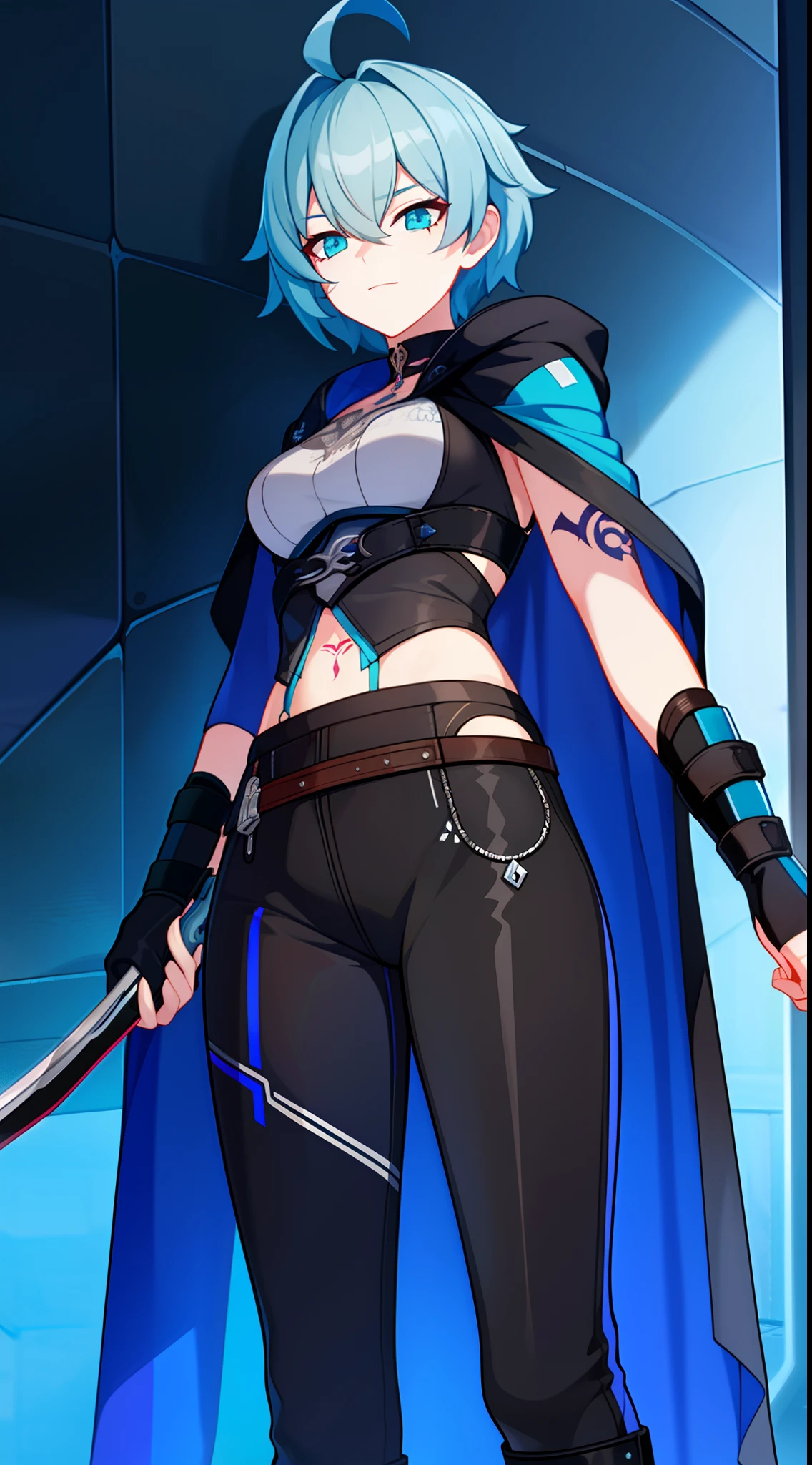 young girl, short gray hair, tomboy, Cyan eyes, Scars, Tatoo, Blue leather cloak, breeches, two swords, open breasts, Masterpiece, hiquality, 4k, HD, Good detail