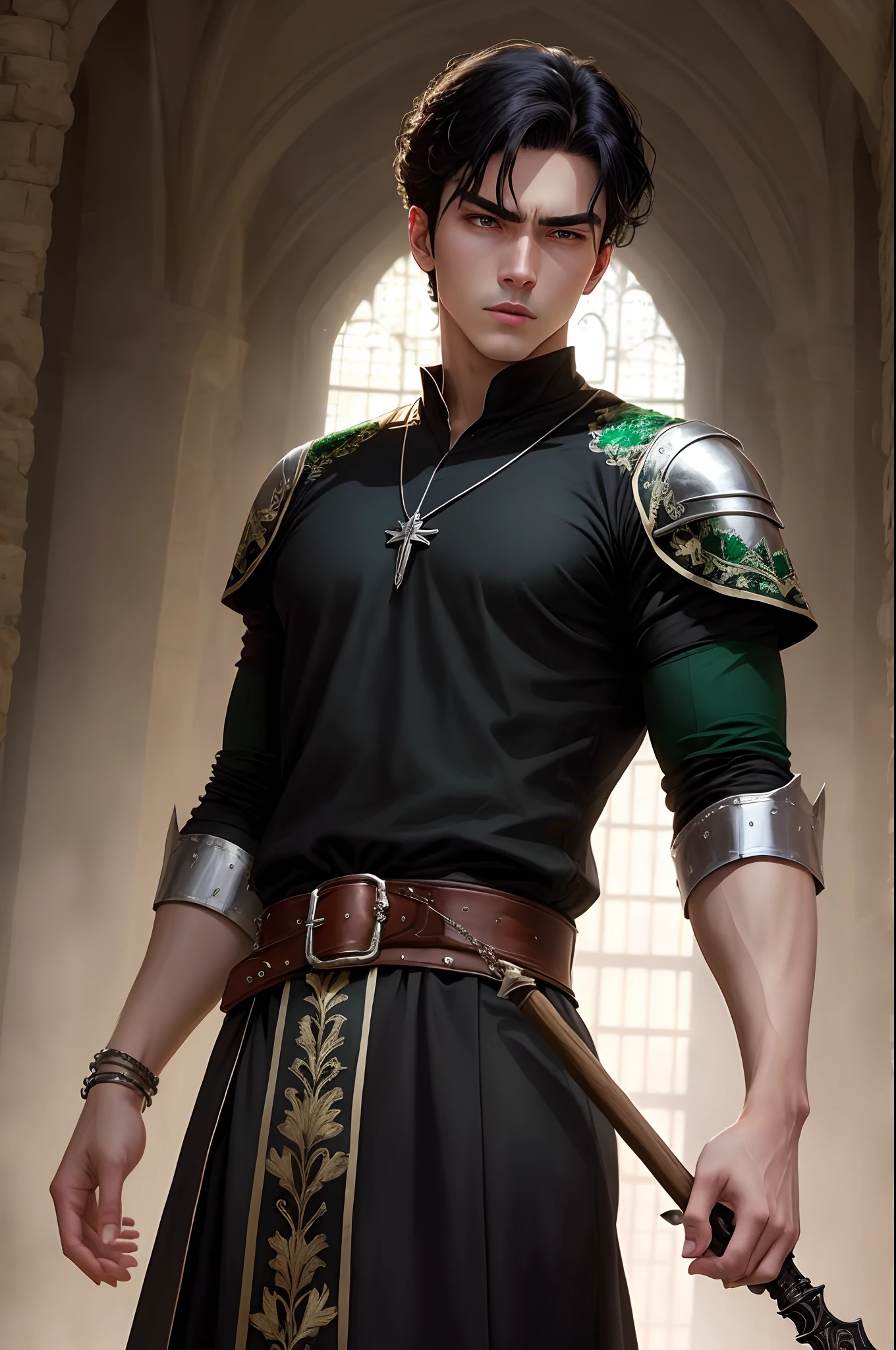 Genero:Masculino
Altura: 1,85 meters
Pale skin
Black hair up to the shoulders
Intense green eyes
Apparel: Black tunic with silver embroidery, Emerald necklace and ebony staff
Imposing and arrogant presence
Medieval times