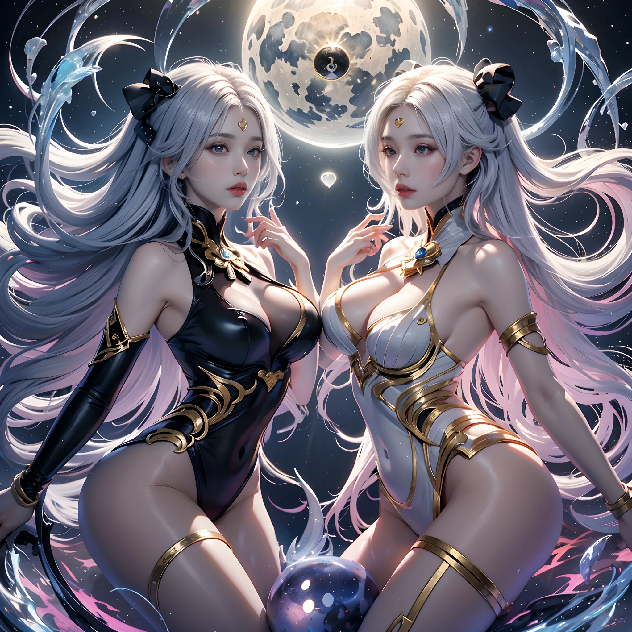 AI-generated painting at Sea Art、It depicts a fascinating image of yin and yang, (Max Quality, Exquisite design, The best lighting, Better shading). Statues of two mermaids in the shape of yin and yang. Inside the crystal ball, Under the moon and sun, Bring to life the harmony and interconnectedness of opposing forces and duality. Detailed, Realistic details, Convoluted, Carved in purple and yellow marble, Shining in the moonlight and sunshine, The perfect balance between light and dark, Mysterious and calm. Inside the crystal ball, Two halves: black woman, Represent Yin, And another white one, Symbolizing Yang. These details are、It symbolizes the mutual presence of opposing elements in each aspect. Although yin contains a small dot of yang, Yang also contains small dots of yin, Create a dynamic and harmonious balance. AI-generated painting at Sea Art、It conveys a profound message about the duality of the universe.Express in the form of a heart、Ornaments in the form of hearts、Use a lot of heart shapes、Use a lot of heart shapes in the background、They are fused with machines、Mechanization of half of the body、Half of the body is made of machine、